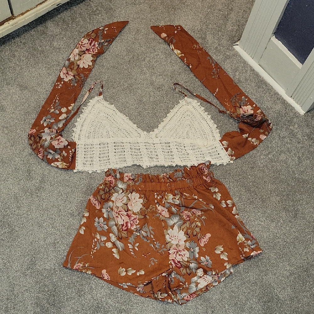 SHEIN 2 Piece Crochet Tie Back Top and Shorts Set, Medium